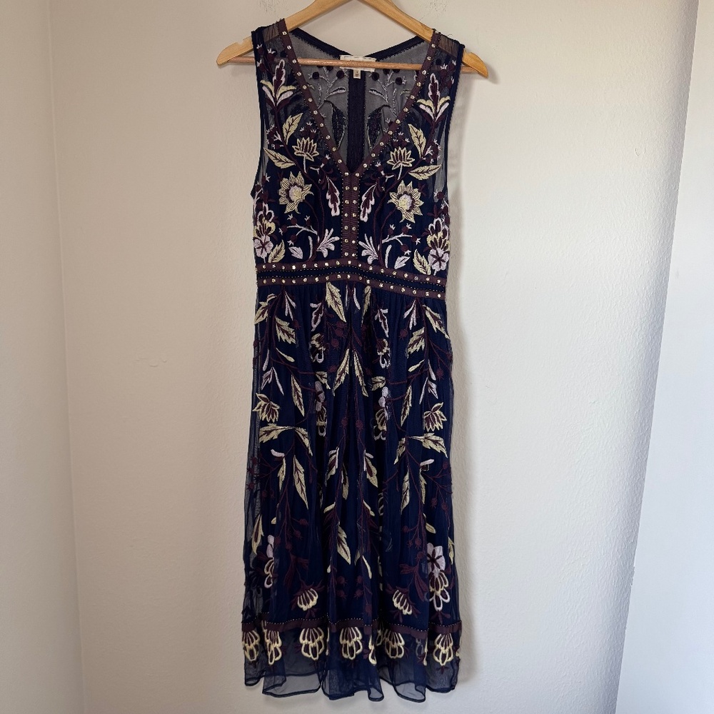 Moulinette Soeurs Navy and Cream Embroidered Midi Dress